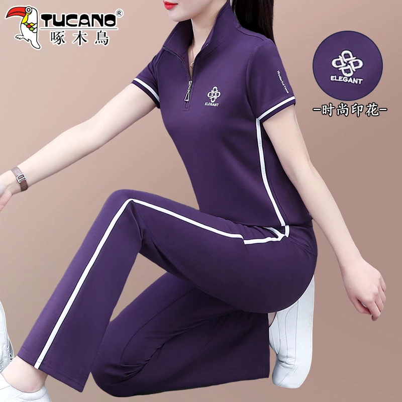 啄木鸟女士运动套装2025新款夏季女装冰丝短袖妈妈时尚翻领两件套