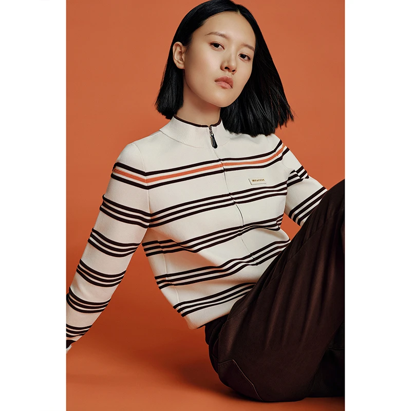 XII BASKET十二篮秋冬摩登条纹天麻丝拉链立领针织开衫7C34306260