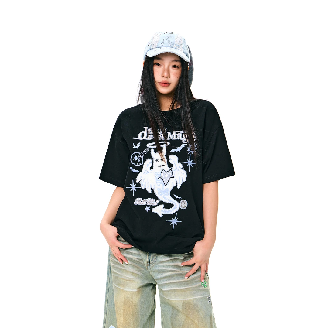 梁拌泡菜【幽灵魔法】凉感毛绒贴布刺绣宽松短袖T恤春夏短袖女t恤