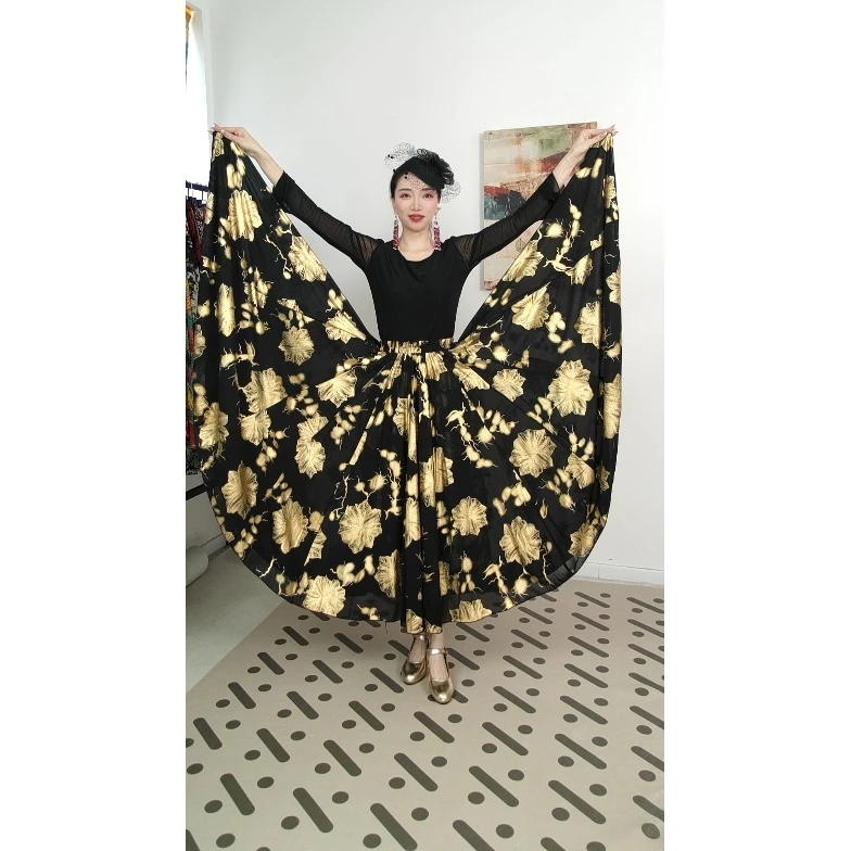 C069女款时尚印花百搭半身裙/720大裙摆带内衬