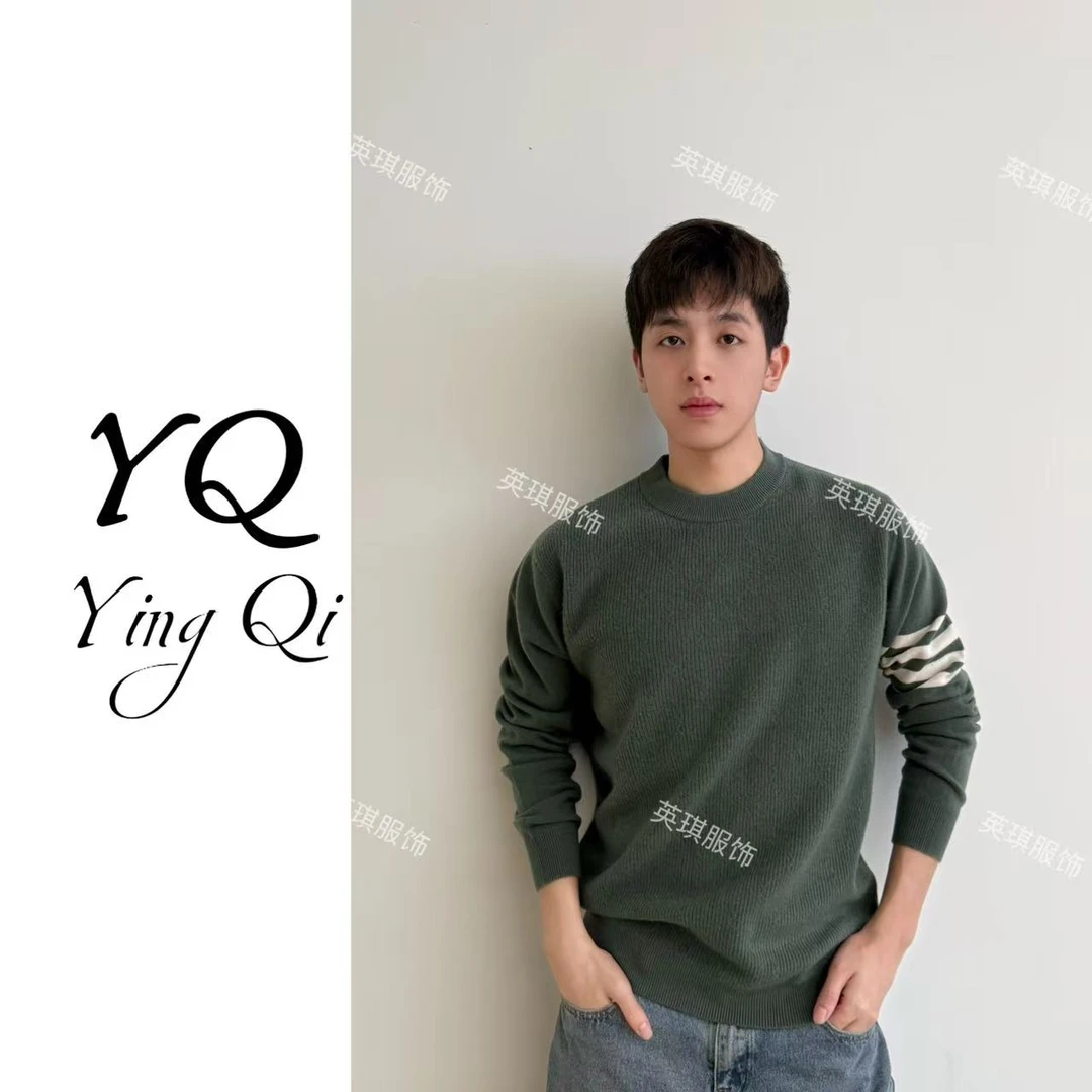 【英琪男装】100羊毛 条纹圆领打底衫 保暖冬季 针织衫毛衣男士长袖