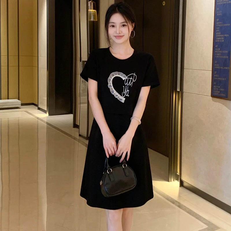 【墨墨家】2025夏季新款时尚爱心图案小黑裙假两件显瘦连衣裙女#824