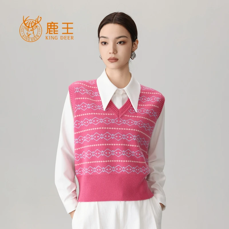 鹿王25秋冬新款女V领100山羊绒四平针时尚提花背心 加厚 5J9341