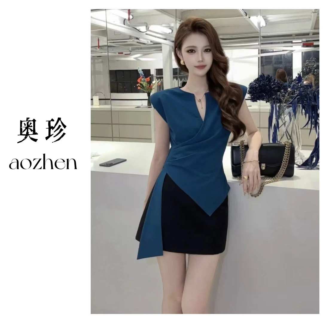 【薇薇安】设计感不规则v领坎肩无袖T恤新款别致绝美收腰显瘦上衣女