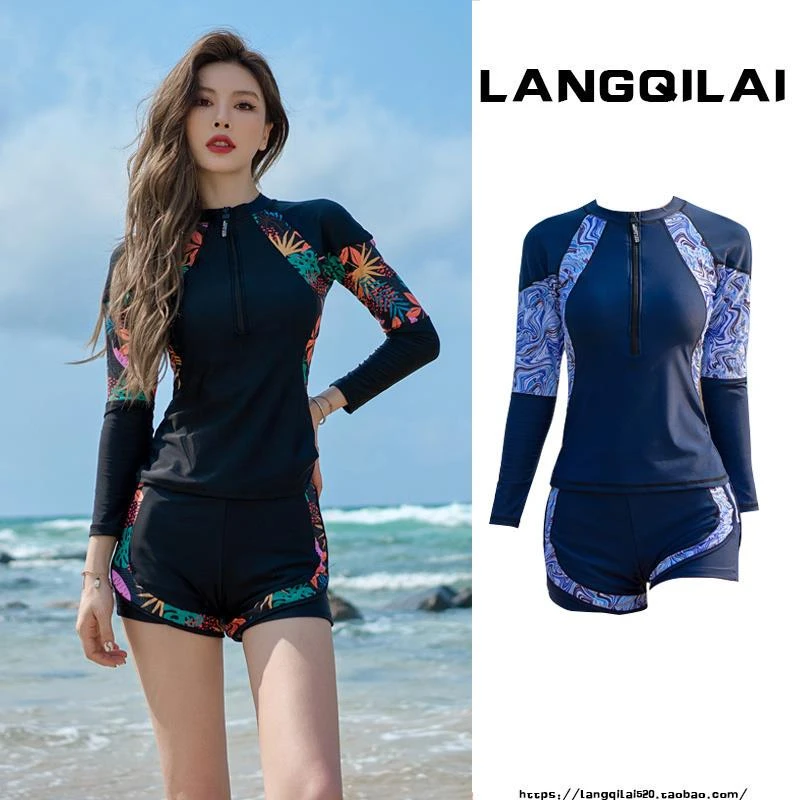 潜水服女分体套装长袖冲浪服水母浮潜运动学生保守温泉防晒游泳衣