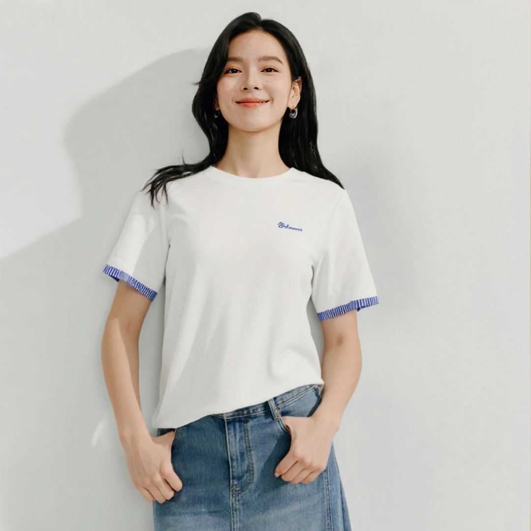 【一秒入夏】茵曼夏季时尚撞色基础百搭长袖T恤纯棉舒适打底衫女