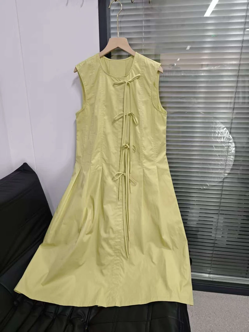 法式蝴蝶结绑带设计连衣裙女夏压褶中长裙