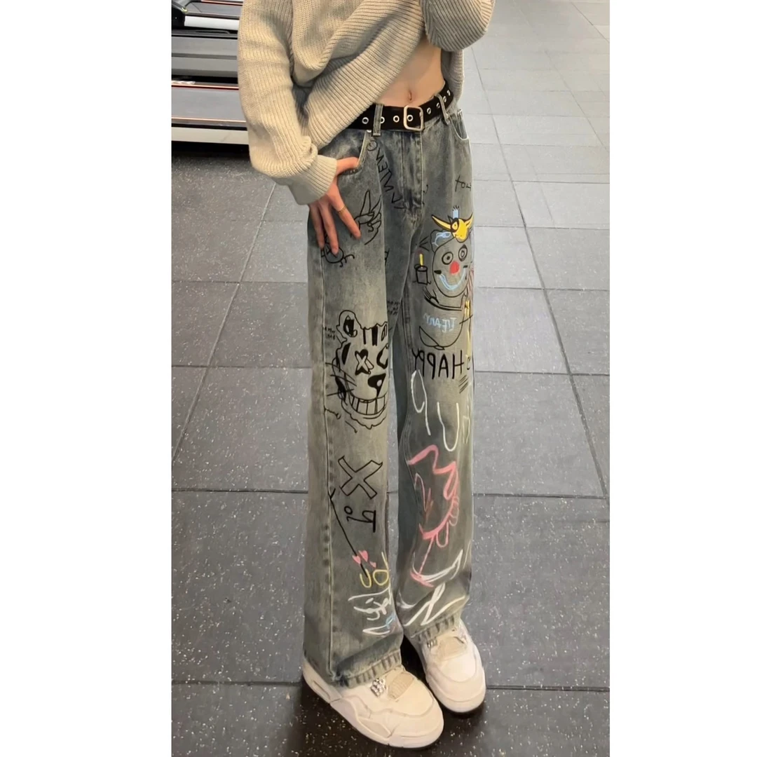 DY426潮牌美式复古高街涂鸦牛仔裤男款宽松显瘦直筒阔腿裤街舞潮