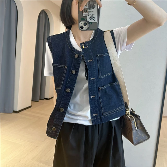 小个子女款复古蓝韩版牛仔马甲女休闲显瘦外穿百搭坎肩马夹外套