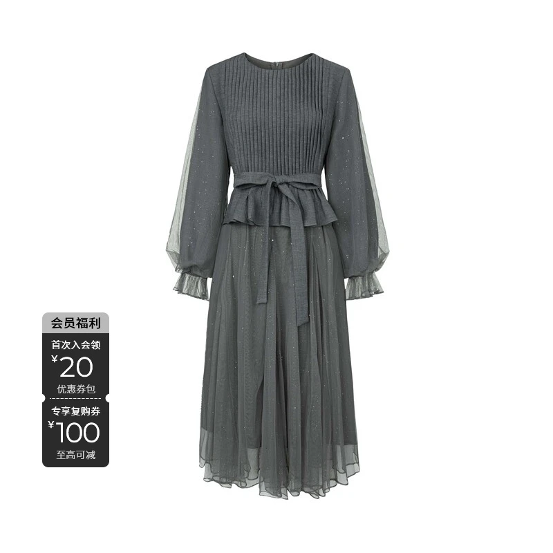 S·DEER圣迪奥女装小众气质复古琴褶收腰网纱灰色连衣裙S241Z1211