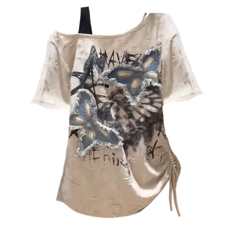 晴玥6379复古甜酷辣妹蝴蝶贴布T恤夏季新款韩版宽松短袖上衣