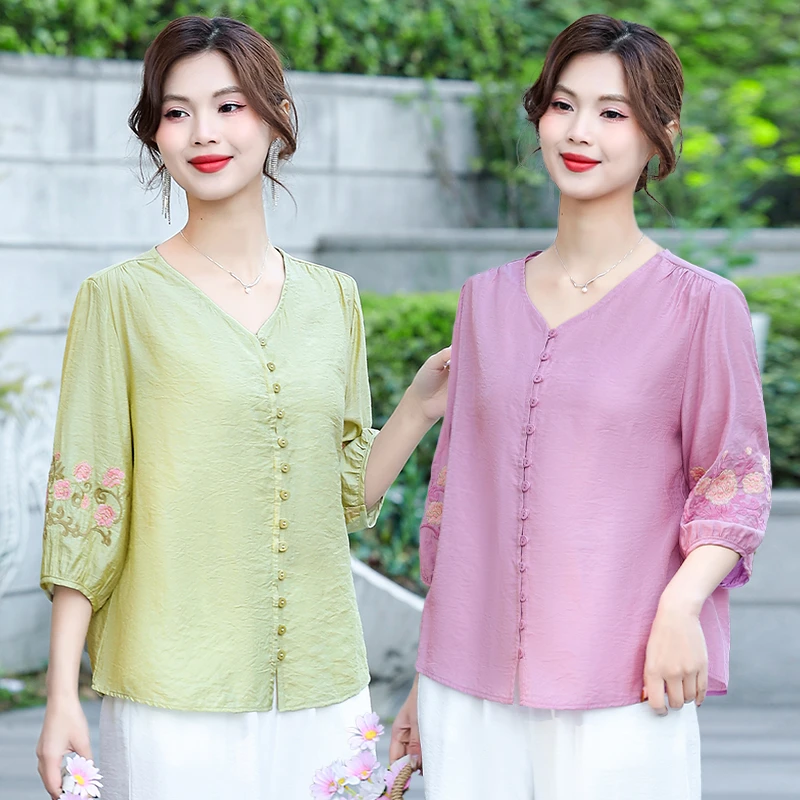 女装爆款衬衫绣花宽松夏季女士妈妈刺绣气质妈妈装夏季洋气复古