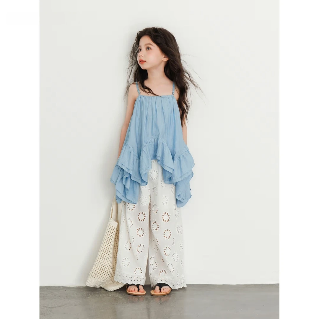 童装女童蓝色吊带上衣2025夏季新款儿童镂空提花防蚊裤女孩两件套