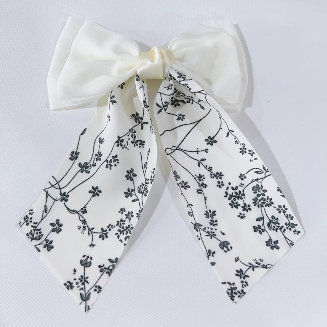 优雅印花蝴蝶结头饰鸭嘴夹气质碎发夹飘带发饰2656