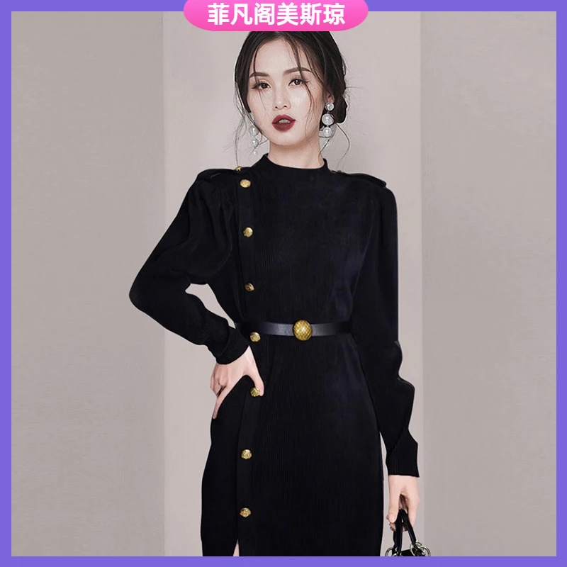 I2025时尚款式法式赫本风黑色连衣裙女高端轻奢御姐开叉裙子l