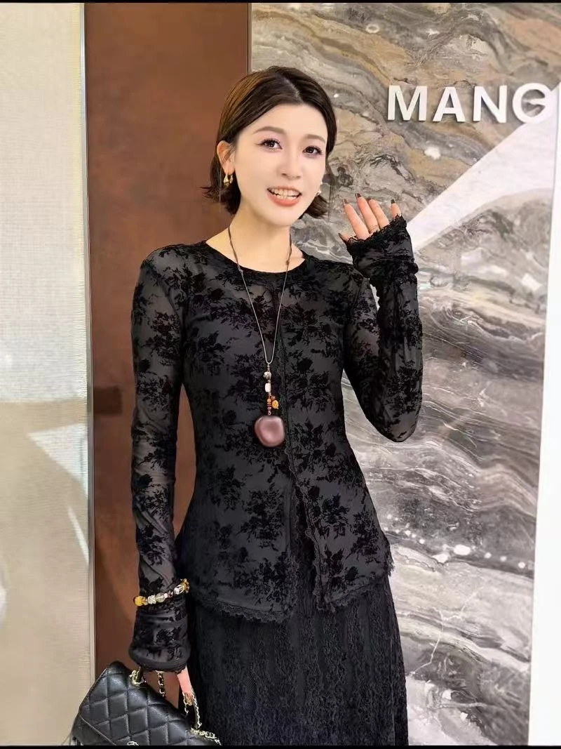 国风蕾丝长袖女秋季新款修身打底衫上衣