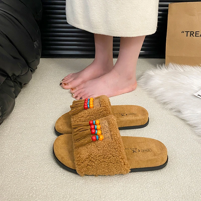 厚底民族风流苏串珠毛毛拖鞋女秋冬外穿2025新款一脚蹬勃肯棉拖鞋