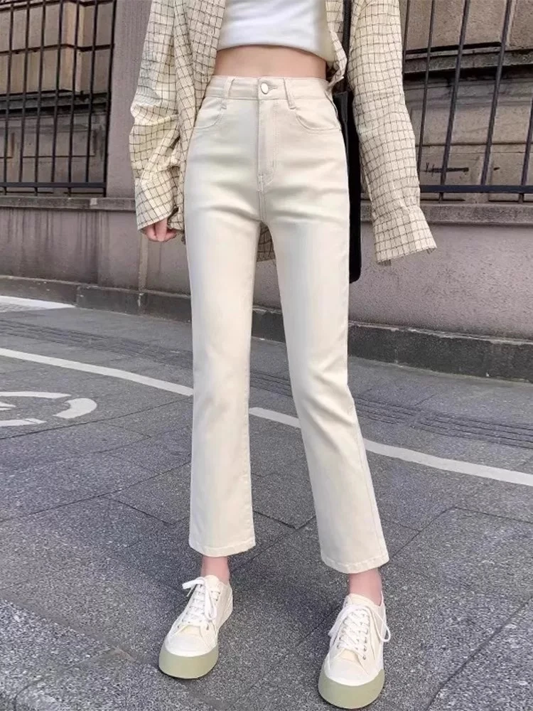 【9563】佰#高腰植绒直筒修身牛仔裤