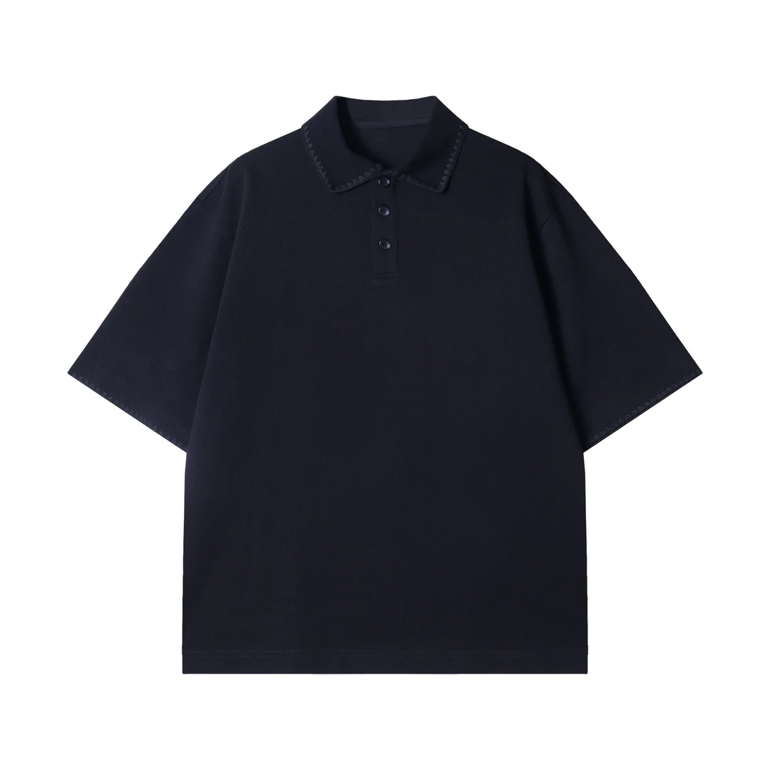 早春新款时尚个性纯色刺绣半纽扣翻领短袖T恤商务百搭套头上衣