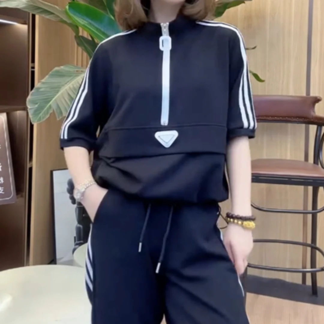 2025拉链拼条底边抽绳短袖套装运动风松紧腰显瘦直筒裤网红洋气