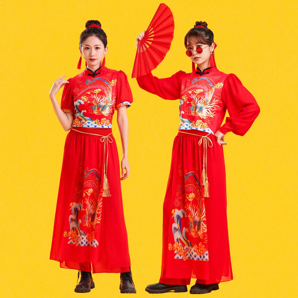 成人新款打鼓服民族中国风舞台装扇子舞秧歌服迎亲礼仪队腰鼓舞服