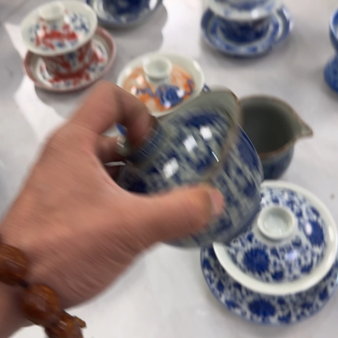 摆件老陶泥青花缠枝莲三才盖碗