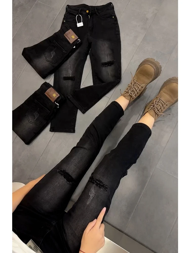 黑灰假破洞直筒牛仔裤女秋冬加绒大码胖mm修身弹力显瘦九分烟管裤