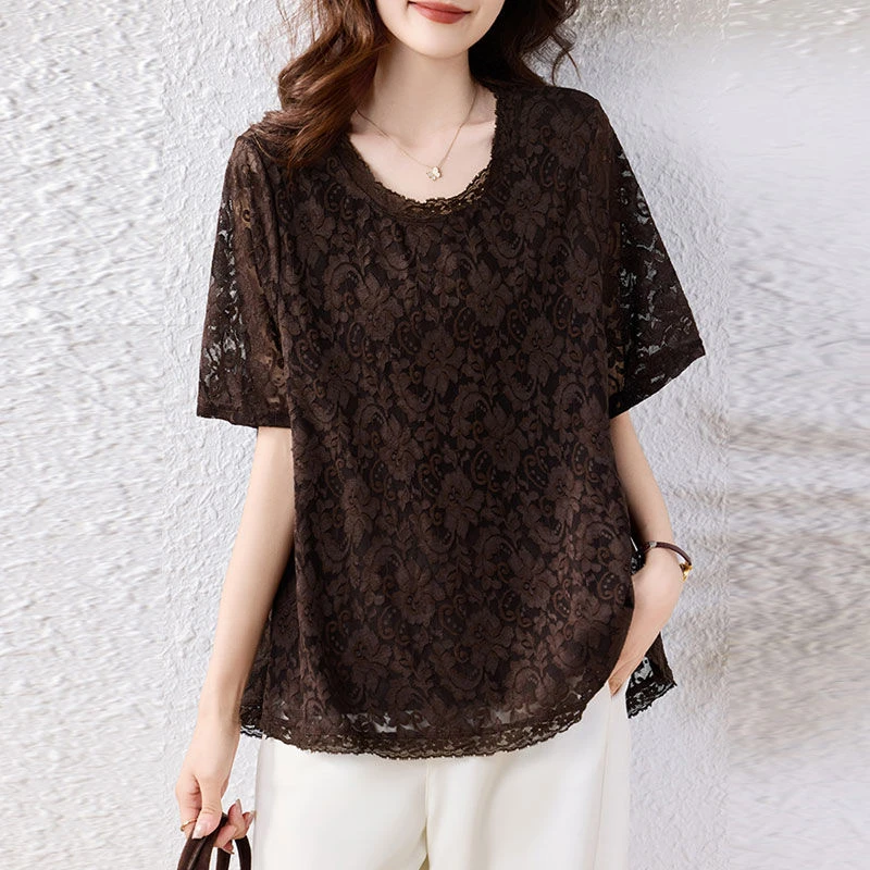 洋气短袖蕾丝T恤衫新款夏季宽松大码女装时尚妈妈遮肉上衣女