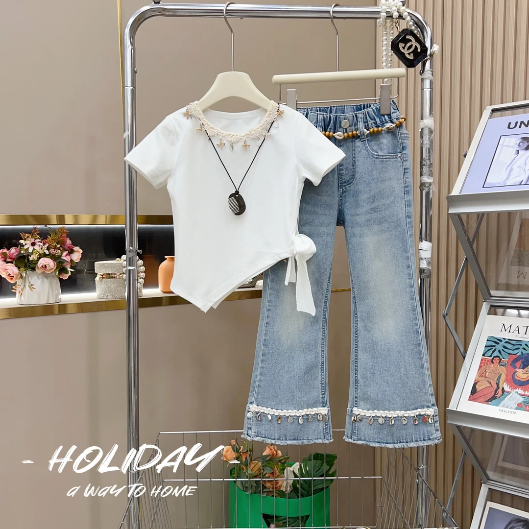 【果妈家】女童2025夏季新款波西米亚风T恤+牛仔微喇叭裤套装-6127