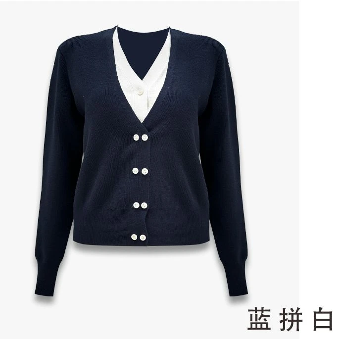 简约百搭撞色V领假两件针织1511羊毛开衫上衣-431