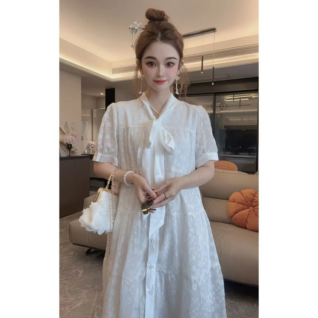 【半夏专属】2025夏季显瘦法式气质温柔裙子蝴蝶结系带连衣裙8172