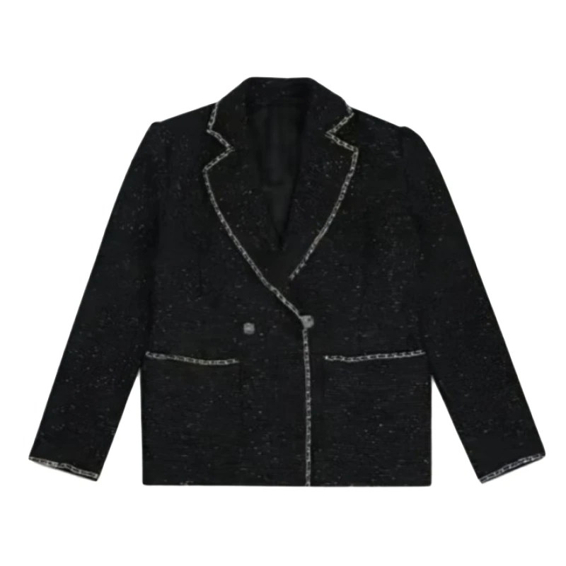 【李李推荐】秋冬 黑色轻奢粗花呢黑色气质时尚大衣1300