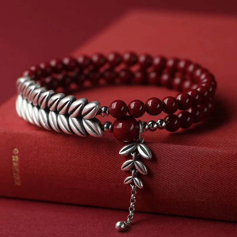 含辰砂工艺品天然辰砂岁岁平安手链女朱砂手串镀银麦穗中国风