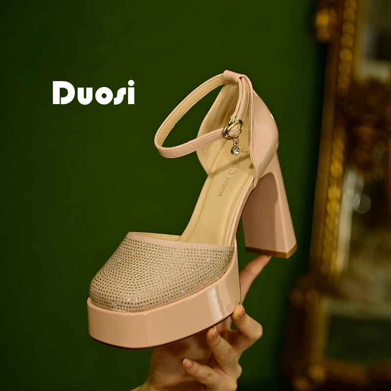 【DUOSI】10cm女式网红鞋子方头单鞋一字扣超高粗跟高跟鞋9191-53