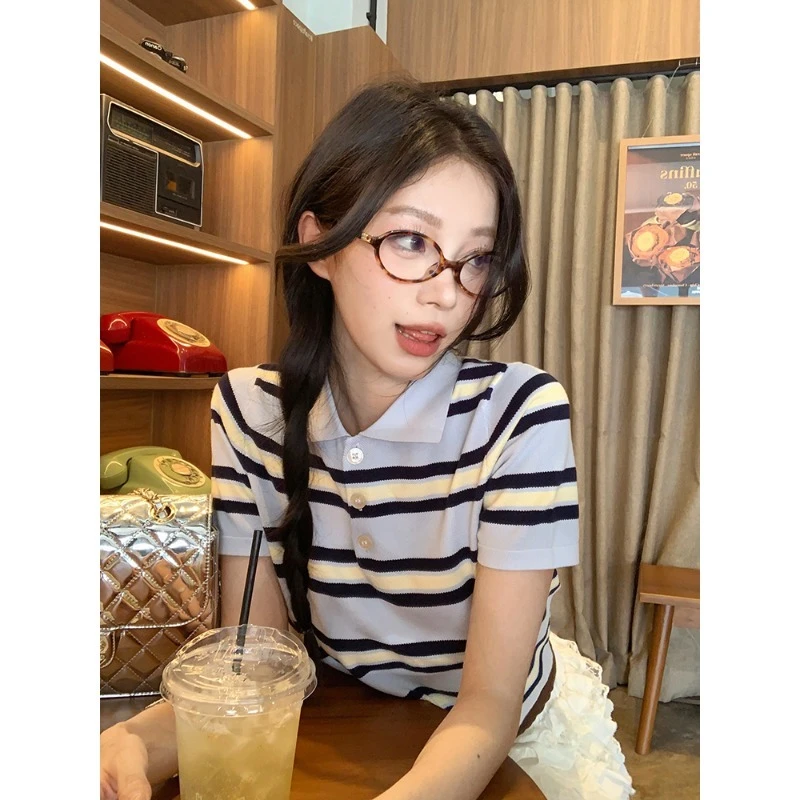 复古撞色条纹polo领上衣女休闲短袖针织衫夏季新款学院风翻领体恤