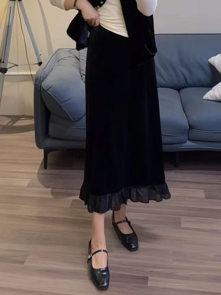 法式轻奢丝绒拼接半身裙女2025秋高级感气质显瘦中长款裙子【拼接】