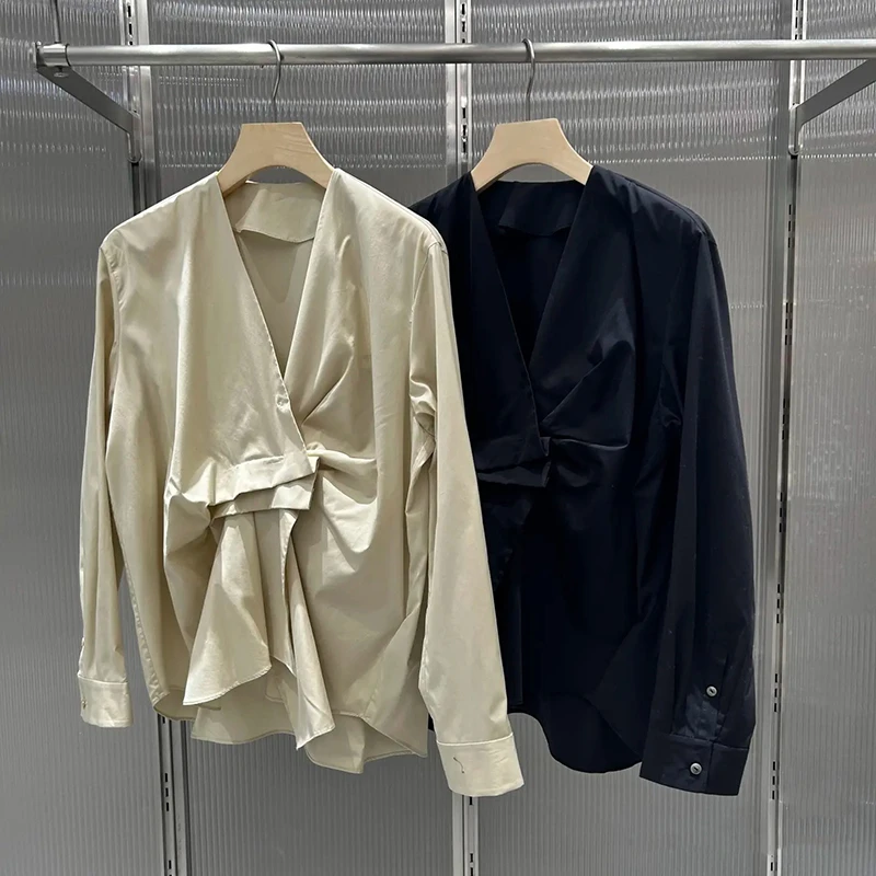 现货春季新品 时髦通勤休闲褶皱解构V领长袖衬衫