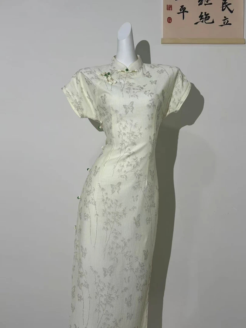 0351 米色 缠结八扣 【追竹蝶】 旗袍