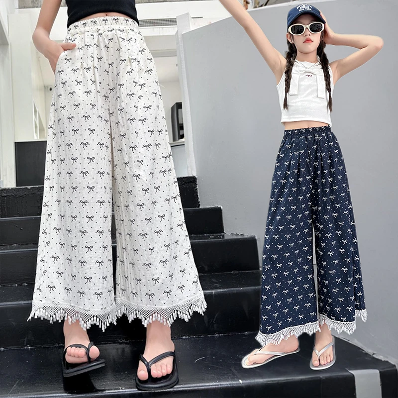 女童裤子薄款花边休闲裤9-12岁中大童女孩夏季九分裤洋气防蚊裤