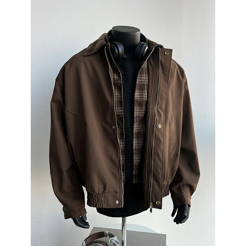 棕色假两件外套男春季衬衫翻领美拉德棒球服cleanfit短款飞行夹克