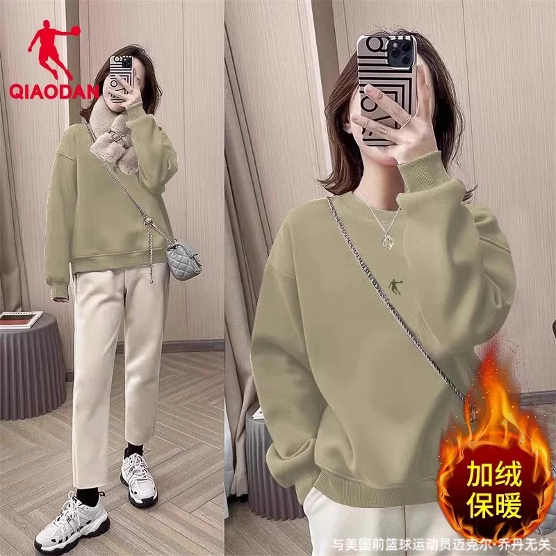 乔丹卫衣女加绒宽松新款冬季运动上衣保暖圆领2025休闲加厚套头衫
