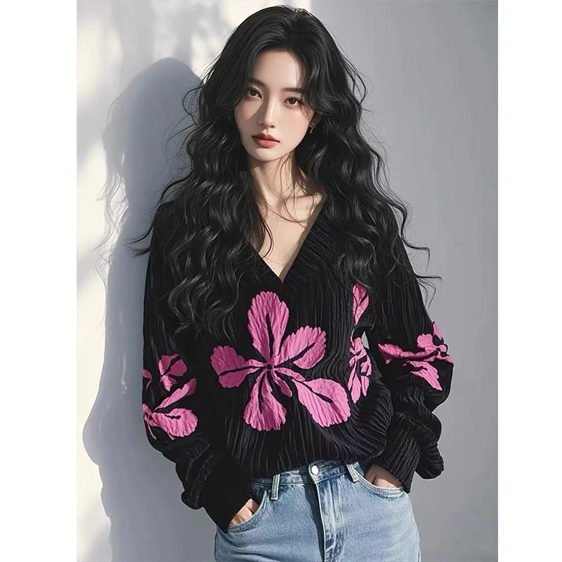 韩系v领印花宽松针织衫上衣女2025春秋季新款高级感百搭长袖毛衣