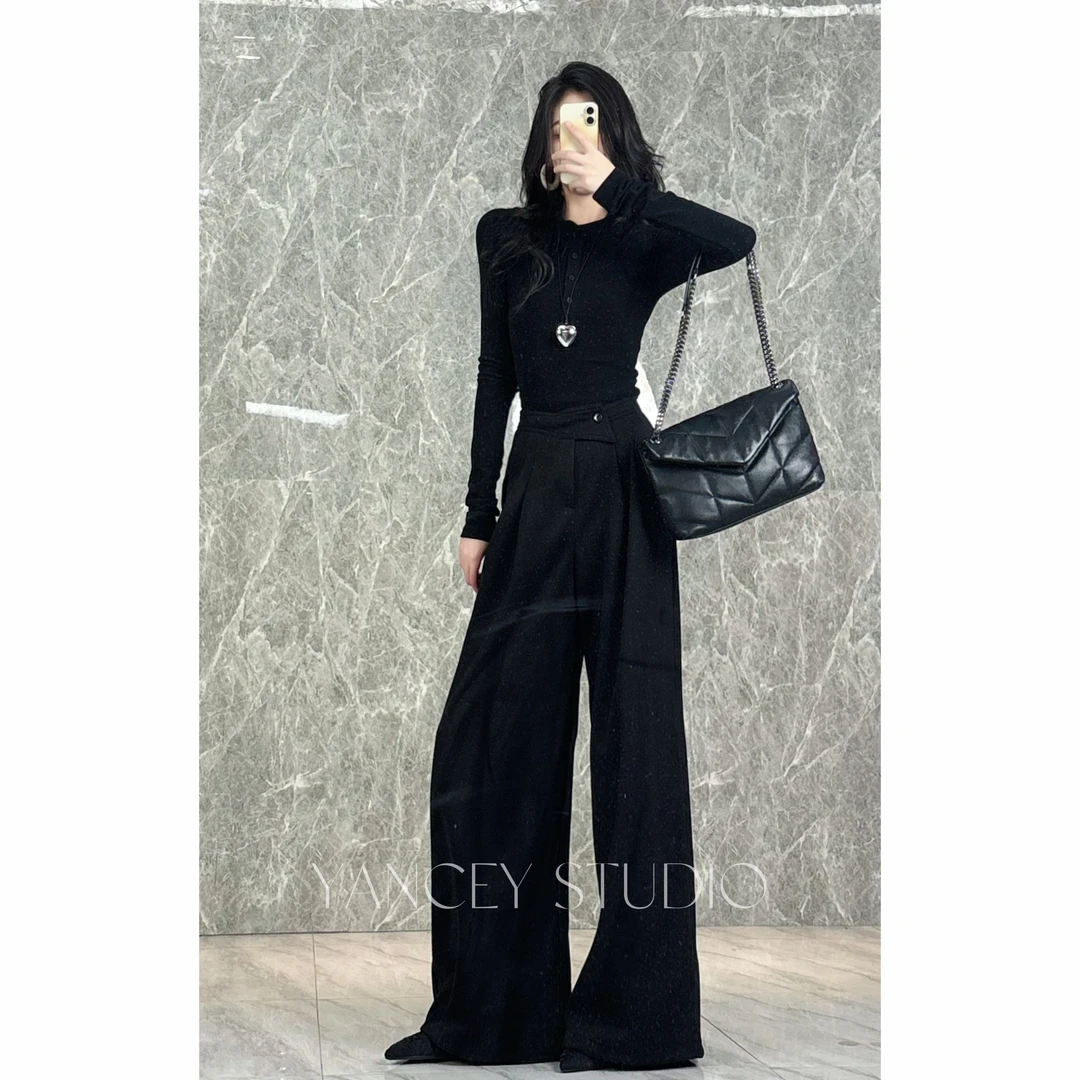 【美拉德】秋冬新款咖色加厚呢子西装裤女美拉德风斜扣设计阔腿裤