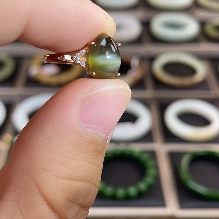 和田玉（碧玉）银S925镶嵌戒指碧玉黄金猫