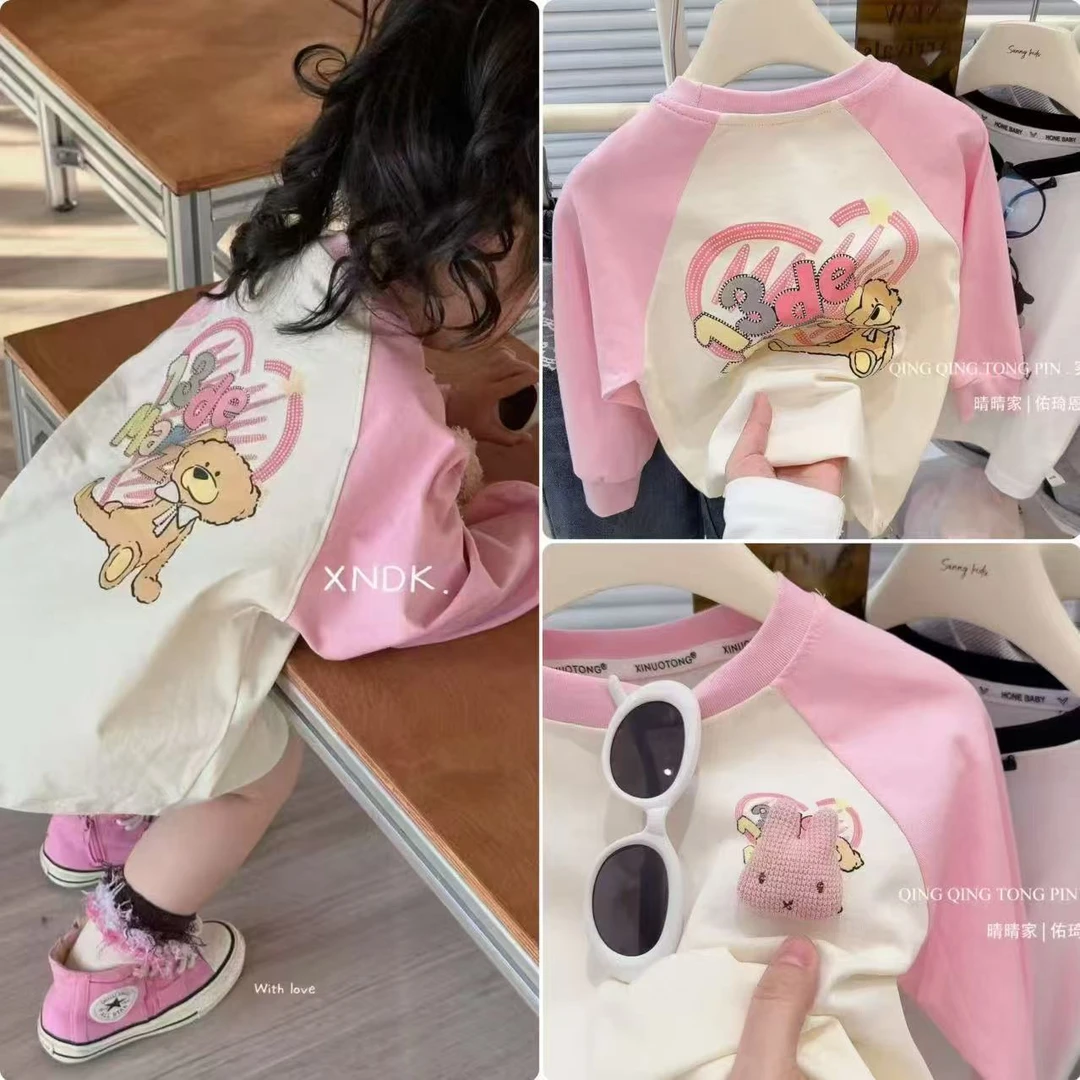 女童2025春新款简约洋气拼色宽松ins儿童印花亲子中长袖T恤上衣
