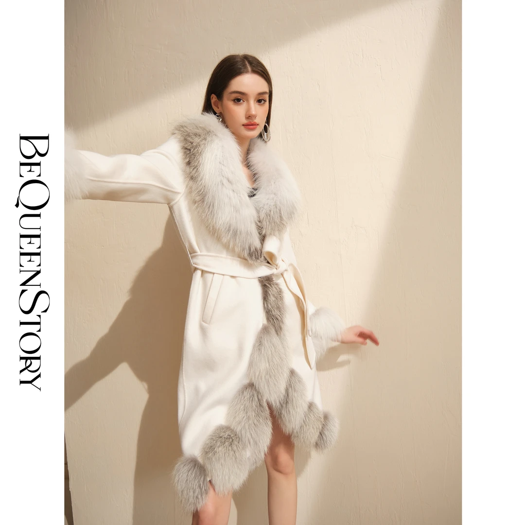 余潇潇【豪门阔太】重工设计感拼接狐狸毛双面羊毛羊绒大衣