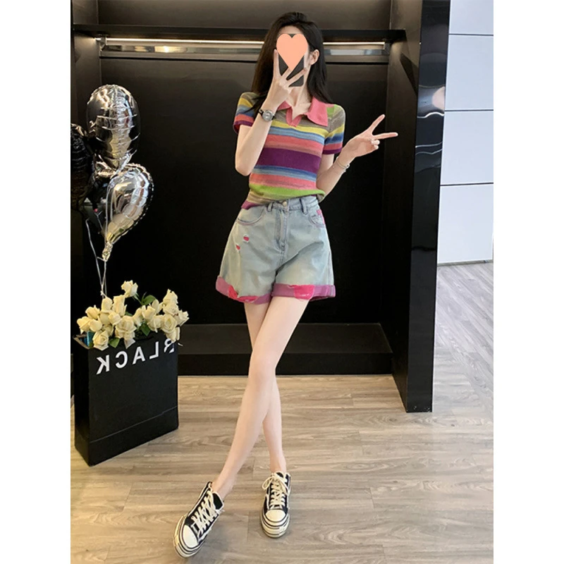 多巴胺休闲运动套装女夏季炸街减龄小个子彩虹上衣牛仔短裤两件套