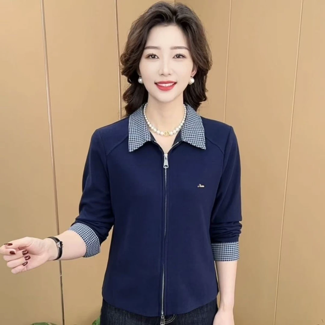 秋季新款时尚格子翻领双拉链洋气妈妈装休闲百搭长袖上衣K6805