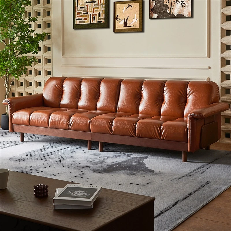 顾家家居顾家木艺 油蜡皮沙发复古胡桃木实木直排沙发PT8906FS