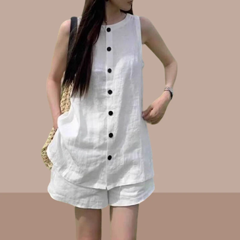 无袖套装女2025夏季时尚新款复古休闲百搭显瘦亚麻阔腿短裤两件套